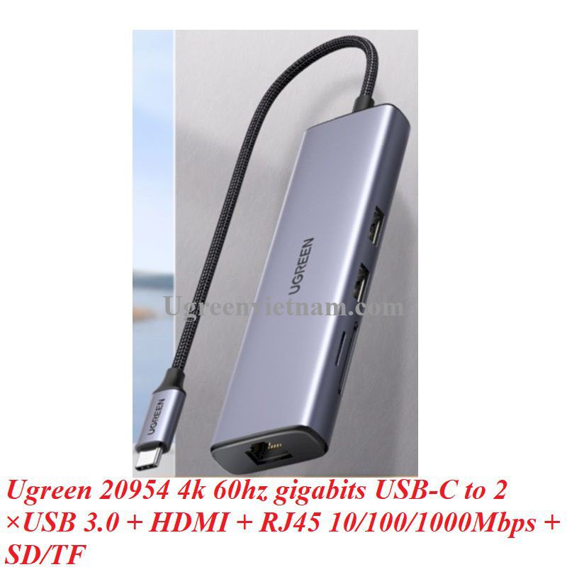 Thiết bị mở rộng USB type-C to HDMI 4K@60hz/ Hub USB 3.0/ SD/TF/Lan Gigabit Chính hãng Ugreen 20954 