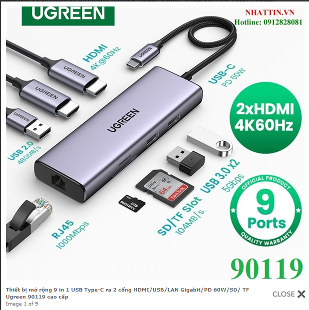 Bộ chuyển USB C 9 trong 1 Ugreen 90119, hỗ trợ xuất 2 cổng HDMI + USB + LAN Gigabit + PD 60W + SD/ TF
