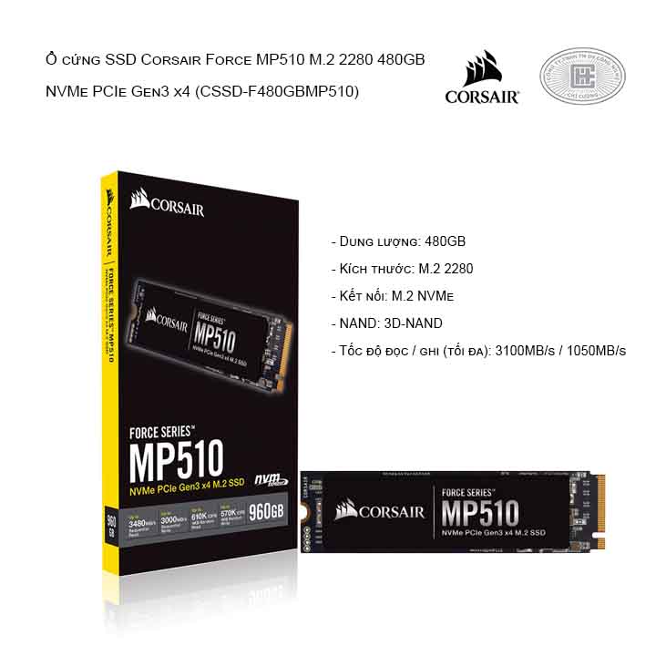 Ổ cứng SSD Corsair Force MP510 M.2 2280 960GB NVMe PCIe Gen3 x4 (CSSD-F960GBMP510)