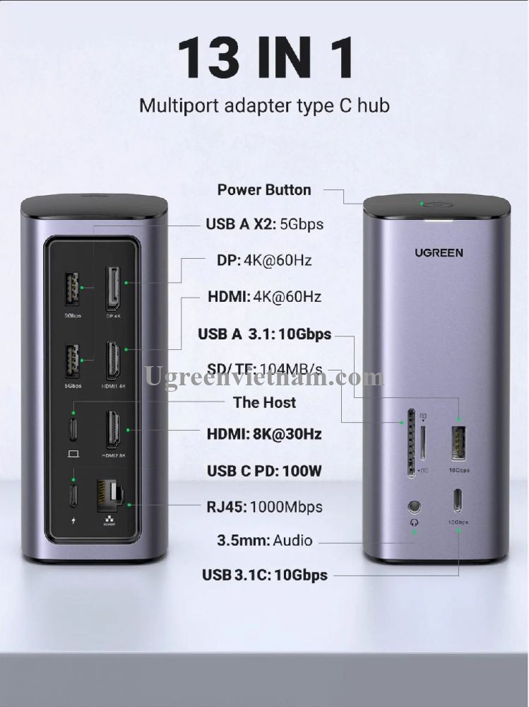 Bộ chuyển đổi USB-C sang 3*USB 3.0, 2*HDMI, 1DP, RJ45, SD&TF&3,5mm 12 in 1 CM555 Ugreen 90325