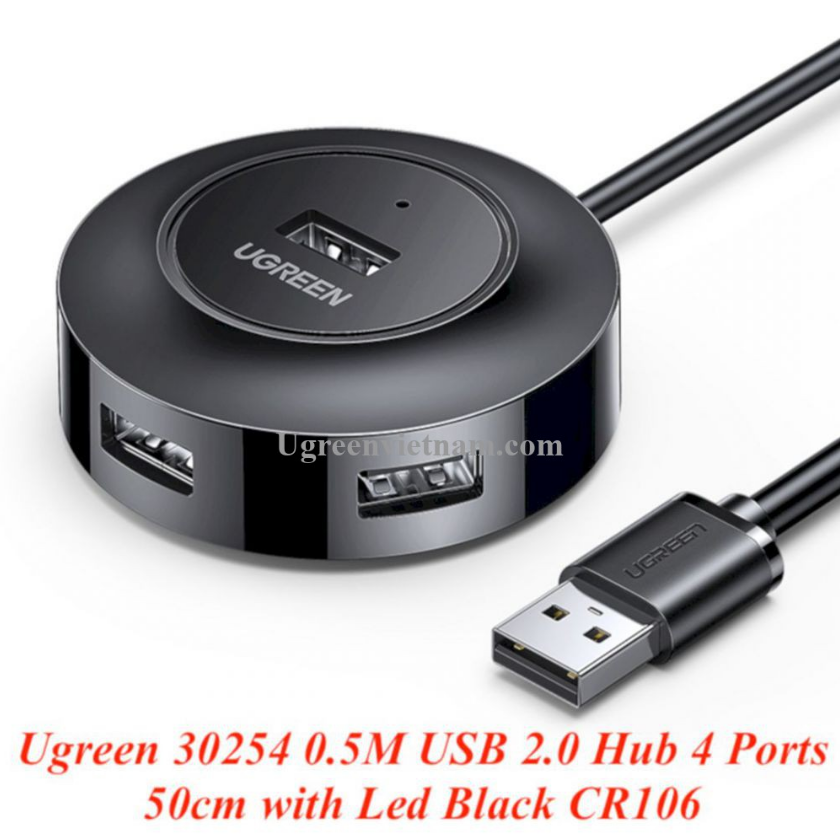 Bộ chia USB dài 4 cồng USB 2.0 Ugreen 20295 có đèn LED màu đen CR106 