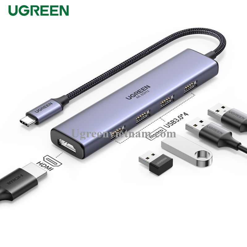 Bộ chuyển đổi Ugreen USB-C sang 4*USB 3.0+HDMI 4K@60Hz 20955