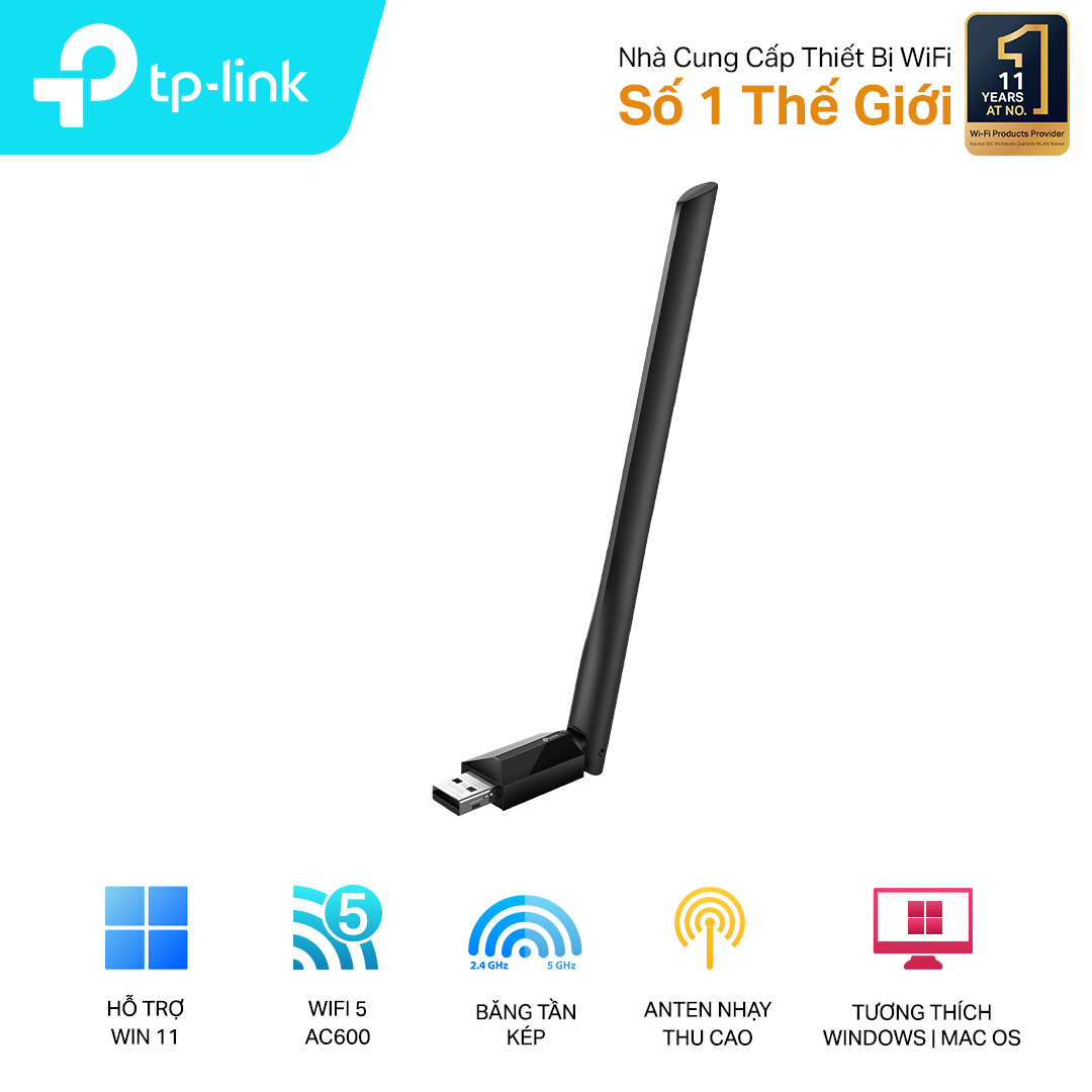 Cạc mạng không dây TP-Link USB Archer T2U Plus (Chuẩn AC/ AC600Mbps/ Ăng-ten ngoài)