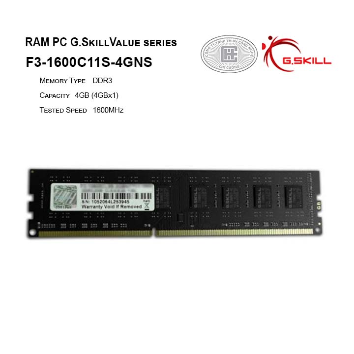 RAM G.SKILL - 8GB(8GBx1) DDR3 1600MHz - F3-1600C11S-8GNT