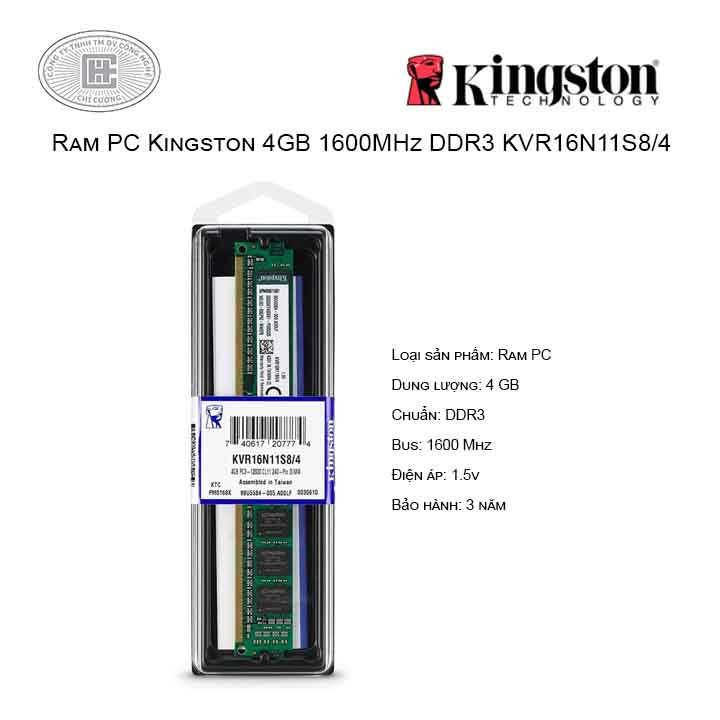 Ram PC Kingston 4GB Bus 1600MHz - KVR16N11S8/4
