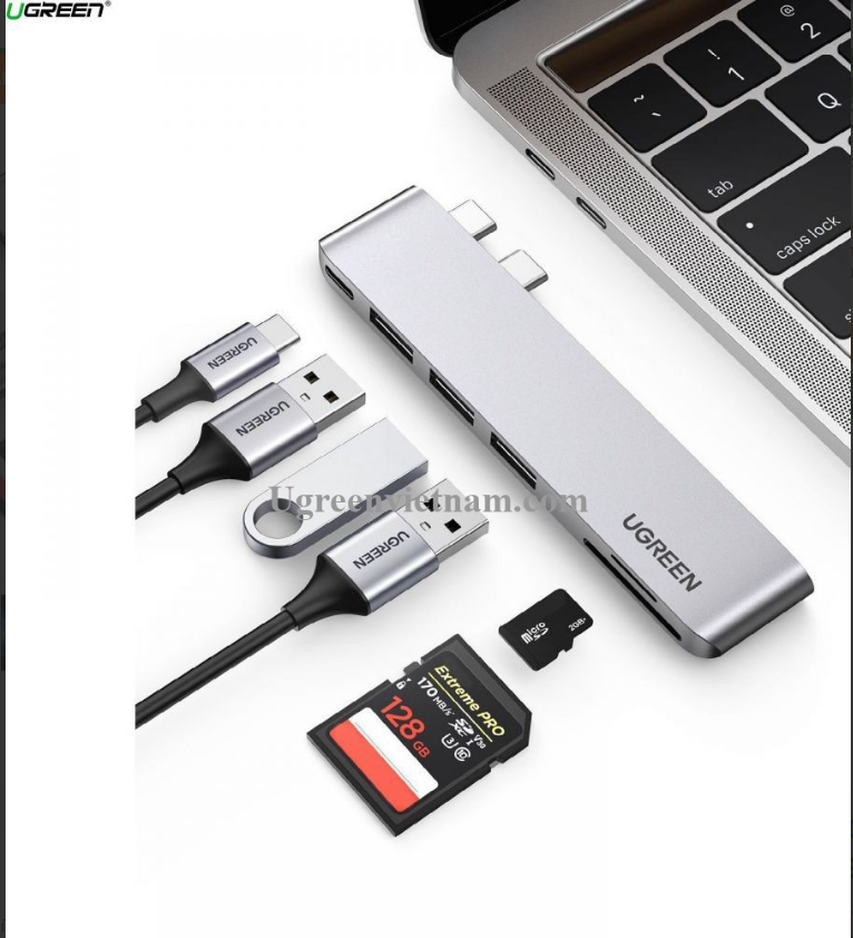 Bộ chuyển đổi sang 3x Hub USB 3.0 + SD/TF + nguồn PD màu xám bằng nhôm Ugreen 60560 macbook pro air 2 cổng USB Type C