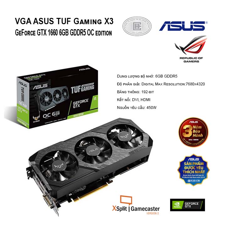 VGA ASUS TUF Gaming X3 GeForce GTX 1660 6GB GDDR5 OC edition (TUF3-GTX1660-O6G-GAMING)