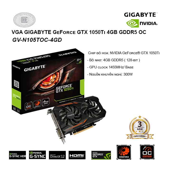 VGA GIGABYTE GeForce GTX 1050Ti 4GB GDDR5 OC (GV-N105TOC-4GD)