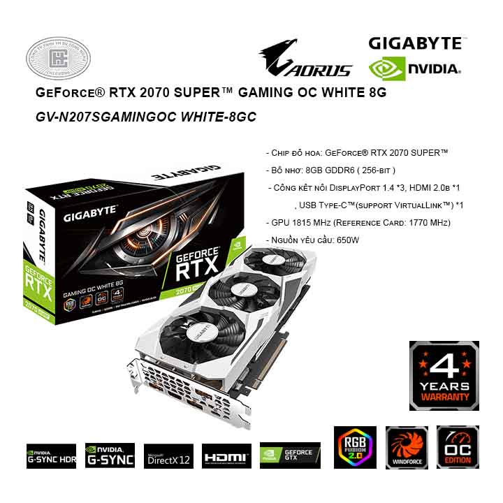 VGA GIGABYTE GeForce RTX 2070 SUPER™ GAMING OC WHITE 8G - N207SGAMINGOC WHITE-8GC