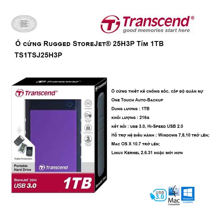 Ổ cứng Transcend Rugged StoreJet® 25H3P 1TB Tím USB 3.0 TS1TSJ25H3P 