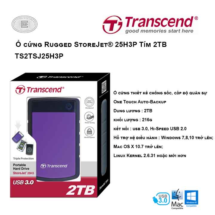 Ổ cứng Transcend Rugged StoreJet® 25H3P 2TB Tím USB 3.0 TS2TSJ25H3P